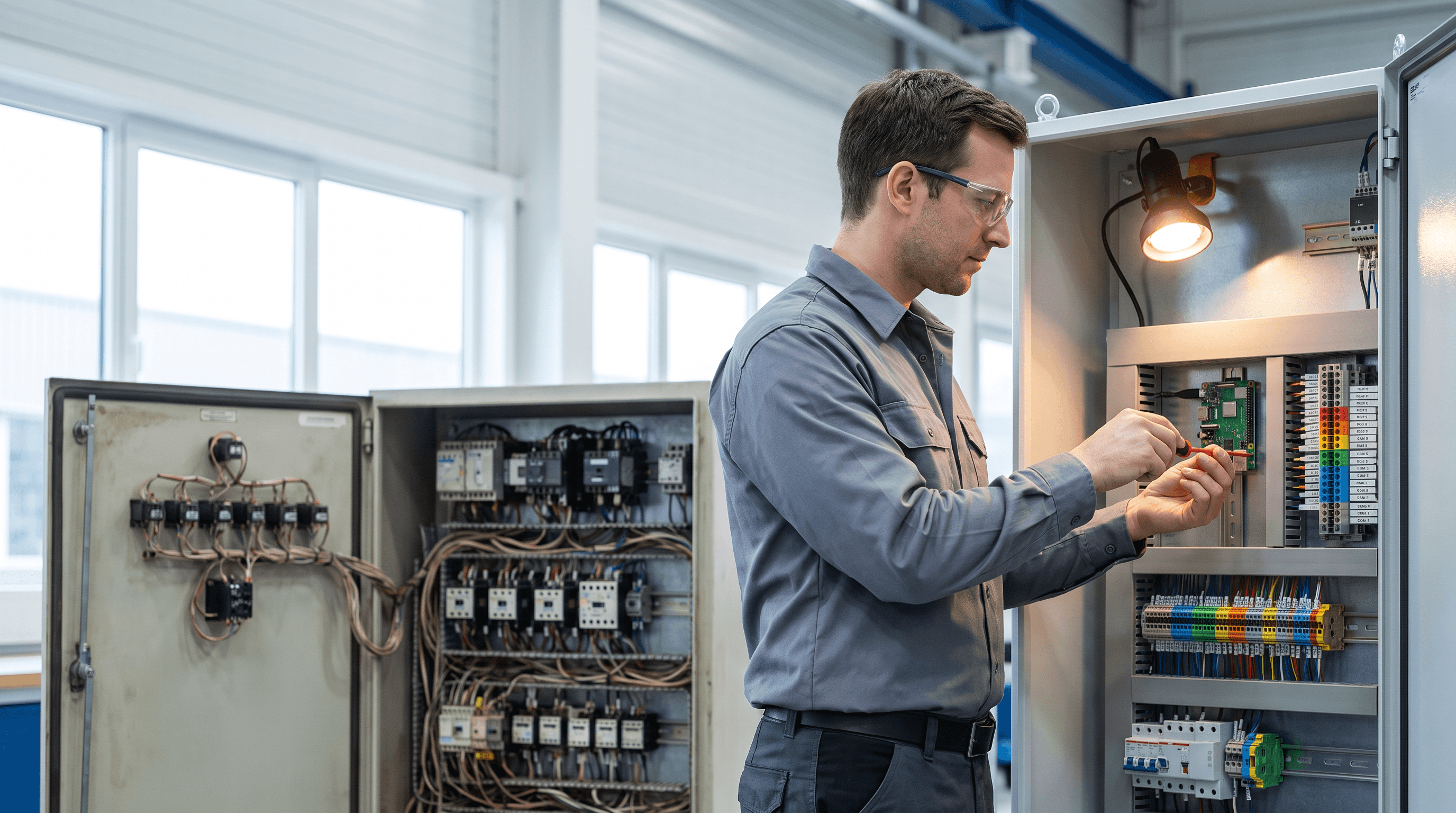 A Hyleon control node wired into a production line beside the existing panel